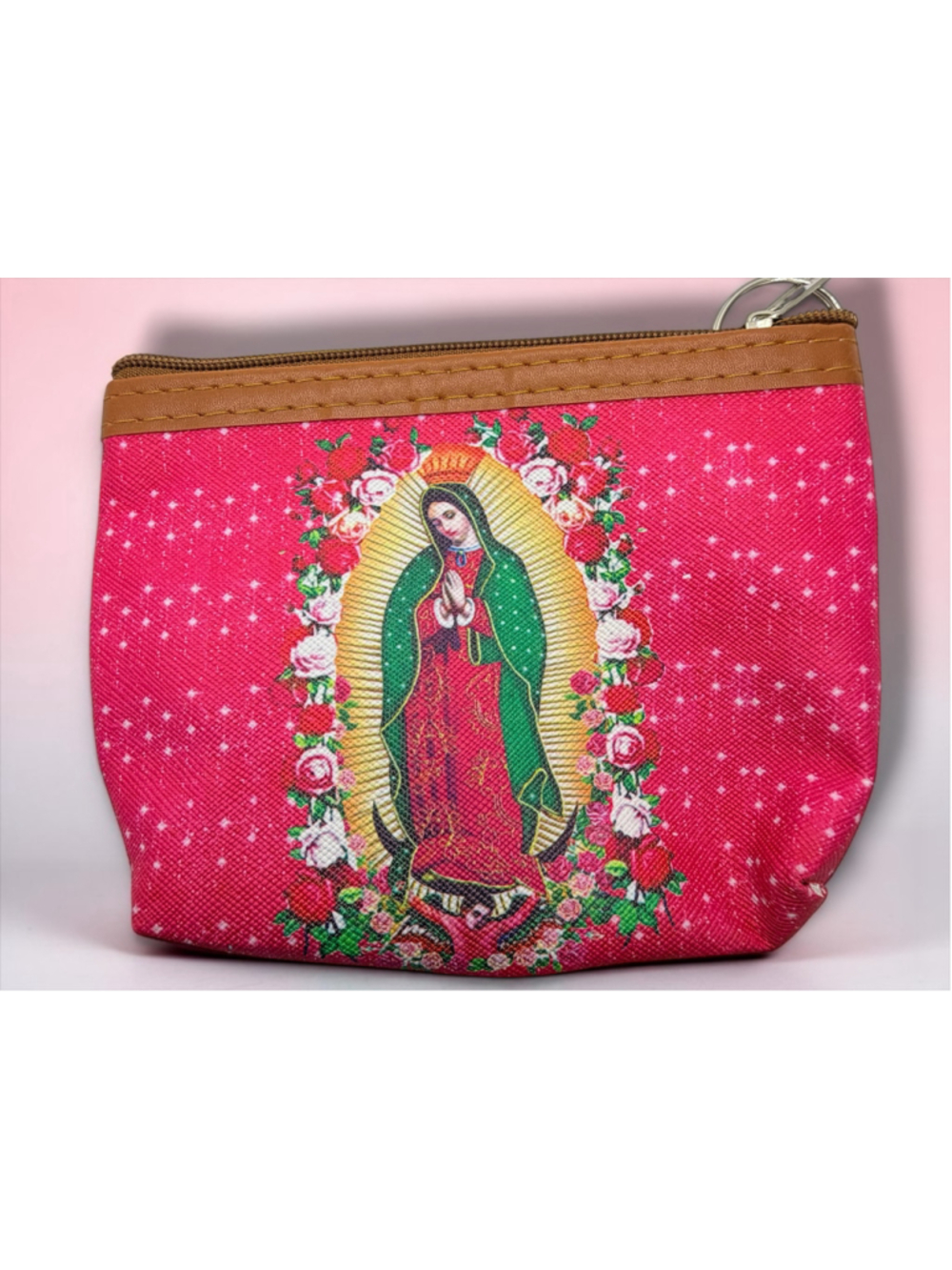 Our Lady of Guadalupe Coin Purse Zipper Pouch Key Ring Pink Floral Wallet NWT